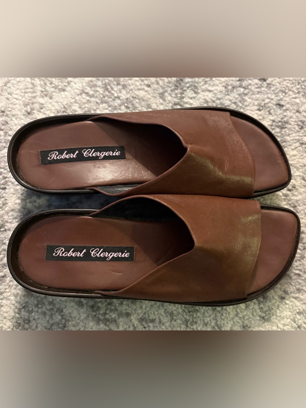 Robert Clergerie Dark Brown Leather Platform Wedge Slide Mules